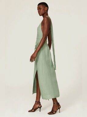 Saunders Maria Sage Green Linen Halter Midi Dress Size 8